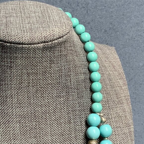 Double Strand Beaded Necklace 17 In Turquoise Crackle Silver Rose BoHo Statement - Picture 6 of 7